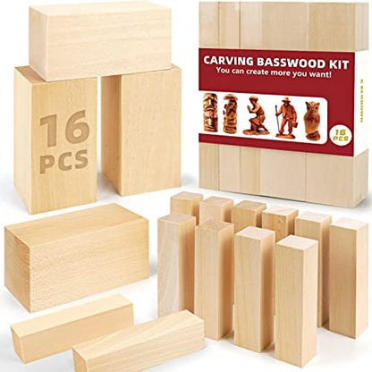 Basswood Carving Blocks, 16PCS Whittling Wood Blocks Kit with 2 Different Sizes, Easy to Use, for Kids and Adults by KKERNOWO