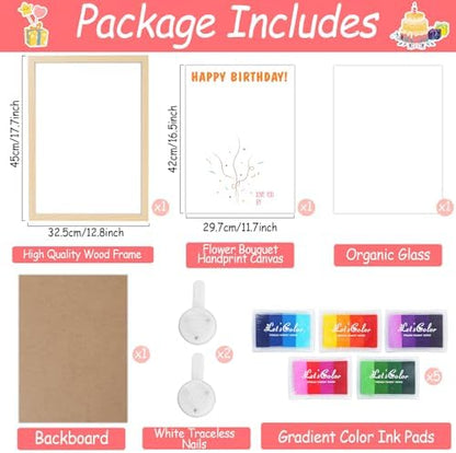 QOUBAI Birthday Handprint Balloon Art Craft DIY Kit Happy Birthday Gifts Children Adults Handprint Keepsake for Mom Father Friend Grandparent Birthdays Gift Christmas (12X16in, with Wood Frame) - Image 2
