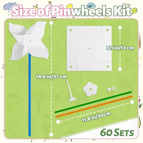 60 Pcs DIY Pinwheels Paper Crafts,Bulk Summer Pinwheel Craft Kit,Color Your Own White Pinwheel for July 4 Party Spring Art and Creativity - Image 2