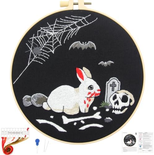 Halloween Embroidery Kits for Beginners Adults, Gothic Rabbit Embroidery DIY Kit, Halloween Cross Stitch Kits Needlepoint Kits for Beginners Adults Woman Gifts, Embroidery Hoop, Thread, Video Tutorial by Unknown