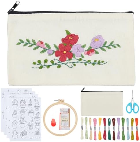 WEBEEDY 3 Sets DIY Embroidery Makeup Pouch Kit Complete Pouch Bag Set with Plants Water-Soluble Patterns, Embroidery Hoop, Thread, for Beginners Women Birthday Sewing Gift, 4.72 * 8.07INCH by WEBEEDY