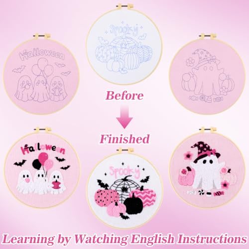 Mindsoft 3 Set Needlepoint Kit for Beginners with Hoop,Pink Halloween - Image 3