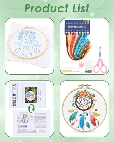ERKOON Embroidery Kit for Beginners, Flower Cross Stitch Set for Include Embroidery Cloth Hoops Threads for Craft Lover Hand Stitch with Embroidery Skill Techniques (Dreamcatcher) - Image 2