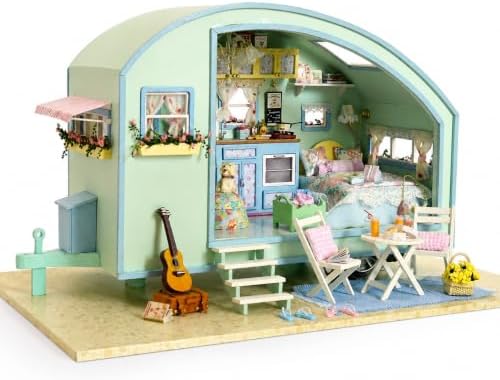 CUTEROOM DIY Miniature Wooden Caravan Dollhouse Kit with Furniture by CUTEROOM