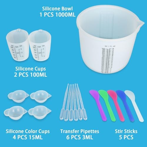 Creahaus 1000ML Large Silicone Measuring Cups for Resin, Easy to Read 36oz Silicone Mixing Bowl with 100ML Mixing Cup, Easy Clean Reusable Epoxy Resin Supplies with Stir Stick, Pipettes - Image 3