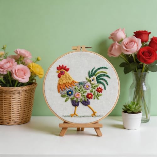 Herdiese Embroidery Kit for Beginners, Rooster Flower Set with Hoop - Image 4