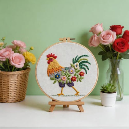 Herdiese Embroidery Kit for Beginners, Rooster Flower Set with Hoop - Image 4