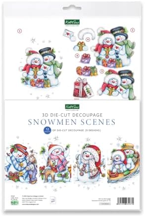 Katy Sue Snowmen Scenes Die Cut Decoupage Pack. 12 Pre-Cut Decoupage Paper Sheets for Christmas Card Making Supplies Featuring Images of Snowmen, Card Toppers, & Sentiments by KatySue