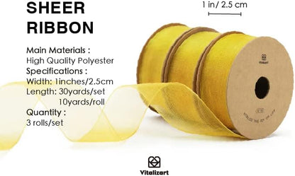 Vitalizart Gold Organza Ribbon for Gift Wrapping 1 inch x 30 Yd 3 Rolls *10Yd Extra Density Sheer Fabric Christmas Card Supplies Crafts Bows Tree Decor Wedding Wreaths Wrap