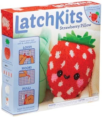 LatchKits Strawberry Pillow - Latch Hook Kits for Kids, Arts and Crafts, Yarn Art, Kids Crafts, Toys for Girls, Birthday Gift for Girls, Easy to Follow Pattern, Hook Included, Craft Kits, Ages 6+ by LatchKits