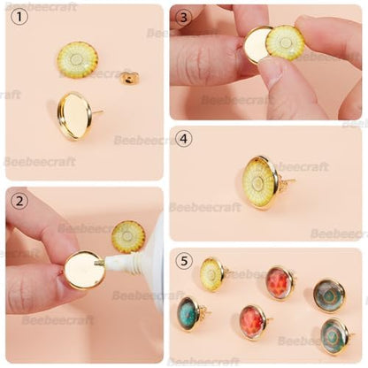 Beebeecraft 1 Box 50Pcs 14mm Stud Earring Kit 18K Gold Plated Stainless Steel Tray Cabochon Earring Settings Bezel Cup Blanks Earring Posts and Back for Jewelry Making Supplies Earring Findings - Image 6