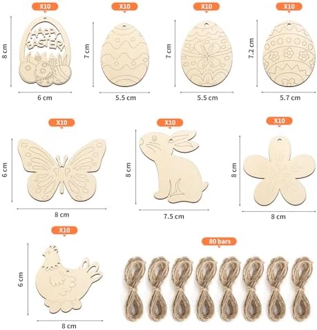 80PCS Wooden Easter Ornaments to Paint, 8 Styles DIY Blank Unfinished Wood Cutouts Ornament for Crafts Hanging Decorations, Egg Rabbit Bunny Butterfly Flower Hen Happy Easter - Image 7