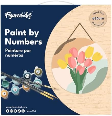 Figured'Art Paint by Numbers Kit for Adults on Wood Slice, 11.8in Diameter - Bouquet of Tulips - Craft Art Painting DIY Canvas - Image 5