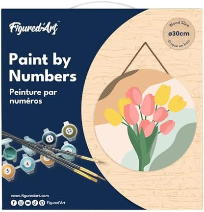 Figured'Art Paint by Numbers Kit for Adults on Wood Slice, 11.8in Diameter - Bouquet of Tulips - Craft Art Painting DIY Canvas - Image 5