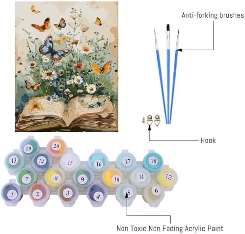 VIGEGU Book Flower Paint by Numbers Kit for Adults Beginner,Butterfly Easy Adult Paint by Number Kits on Canvas DIY Painting for Beginners Art by Numbers for Home Wall Decor 16x20 Inch - Image 5
