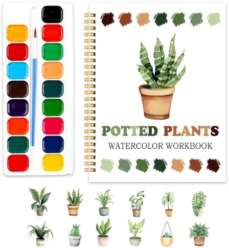 Potted Plants Favorites Watercolor Workbook, Easy Water Coloring Book for Adults Beginners, 12 Patterns, 18 Colors Watercolors Paint Set, Watercolor Kit, Gift for Women Plant Lovers Teen by SHLINCO