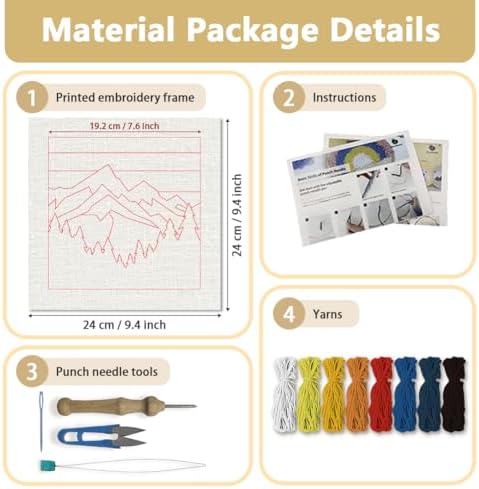 Doodlream Mountain Sunset Needle Kit for Beginner, 9.4"x 9.4" Forset Landscape Punch Stitching Craft Set, DIY Embroidery Starter with Printed Frame, Instruction, Threader, Yarn, Pinch Needle - Image 2