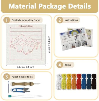 Doodlream Mountain Sunset Needle Kit for Beginner, 9.4"x 9.4" Forset Landscape Punch Stitching Craft Set, DIY Embroidery Starter with Printed Frame, Instruction, Threader, Yarn, Pinch Needle - Image 2