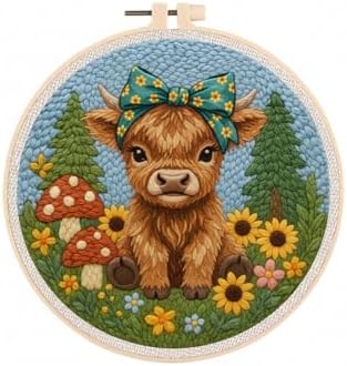ZMHKJZDQ Punch Needle Kits for Beginners,DIY Punch Needle Embroidery with Fabric, Hoops, Yarns and Sewing Needles for Adults Children Festival Gift and Home Decor, 20x20cm (Bow Highland Cow) by ZMHKJZDQ