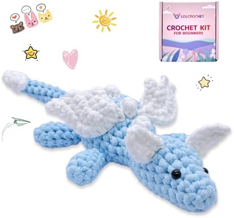Cute Dragon Crochet Kit for Beginners, Learn to Crochet Starter Set with Step-by-Step Video Tutorial & Crocheting Manual, Easy Yarn Knitting Kit for Adult, Stuffed Animal Doll for Xmas Gift by LOLCROCHET