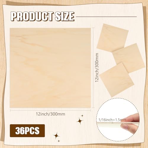Riakrum Basswood Sheets Plywood Board Unfinished Wood Boards for Crafts for DIY Laser Projects Architectural Mini House Building Hobby Model Making(12 x 12 x 1/16 Inch,36) - Image 2
