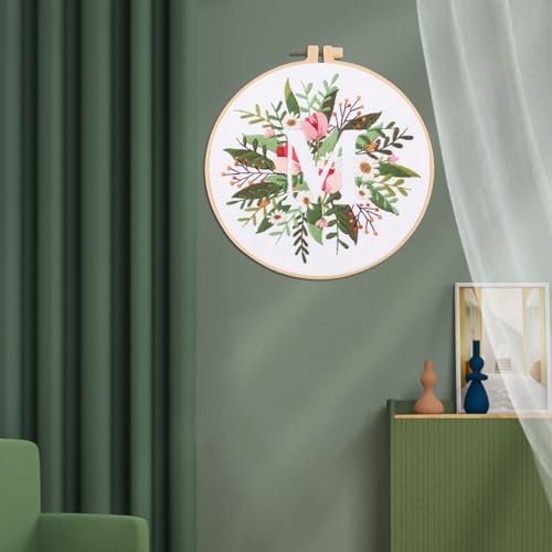 IUHUI Embroidery Kit for Beginners Adults - 26 Floral Letters Easy Patterns, DIY Hand Stitching Embroidery Set with Hoop (Flower and Grass Letter M) - Image 2