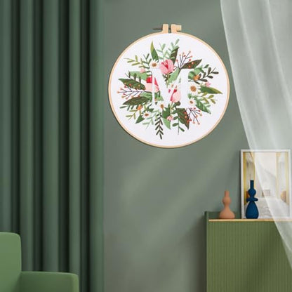 IUHUI Embroidery Kit for Beginners Adults - 26 Floral Letters Easy Patterns, DIY Hand Stitching Embroidery Set with Hoop (Flower and Grass Letter M) - Image 2