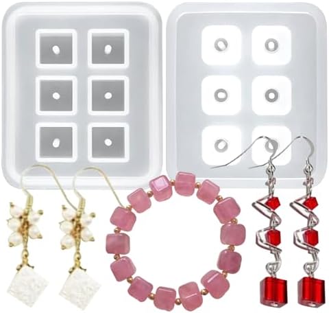 Cube Silicone Resin Molds for Jewelry Making, 6-Cavity Square Bead Molds with Hole, 2-Pack, for Earrings and Bracelets by MUYULIN