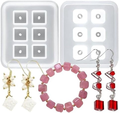 Cube Silicone Resin Molds for Jewelry Making, 6-Cavity Square Bead Molds with Hole, 2-Pack, for Earrings and Bracelets by MUYULIN