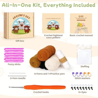 Fortuning's JDS Crochet Kit for Beginners - Crochet Highland Cow Beginner Crochet Kit for Adults, Complete Scottish Cow Crochet Animal Kits, Easy Crocheting Knitting Starter Kits Gifts - Image 3