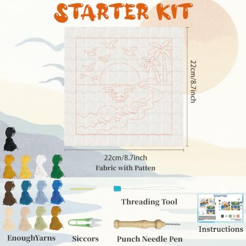 BEUNITONE 2Set Punch Needle Kits with Beach Pre-Print Pattern Easy for Adults Beginners, DIY Craft Embroidery Needlepoint Kits, Punch Needle Set for Craft Lovers Home Decor Festival Gift 9.4x9.4 - Image 2