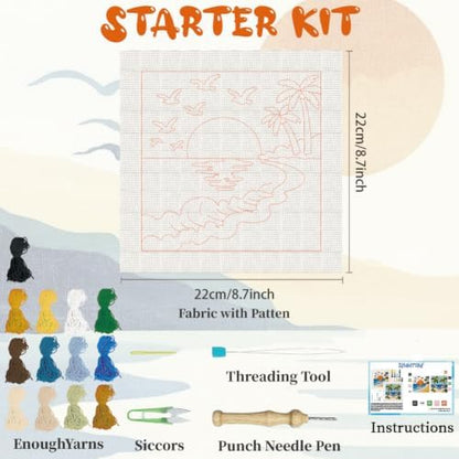 BEUNITONE 2Set Punch Needle Kits with Beach Pre-Print Pattern Easy for Adults Beginners, DIY Craft Embroidery Needlepoint Kits, Punch Needle Set for Craft Lovers Home Decor Festival Gift 9.4x9.4 - Image 2