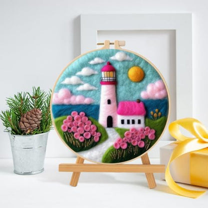 Needle Felt Starter Set, Wool Felt Painting Needle Felting Kit, Felt Painting Kit for Beginners Adult Castle Flowers Wool Needle Felt Set with Felt Needle, Picture Frame DIY Craft Project Decor - Image 2