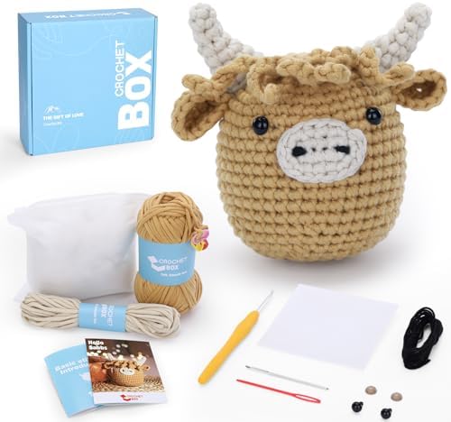 Crochet Kit for Beginners: Highland Cow Crochet Kit, Learn to Crochet, Include Easy Knitting Soft Yarn, Step-by-Step Video Tutorial, Hook, Holiday Birthday Gift for Adults and Teen(30%+ Yarn) by CROCHETBOX