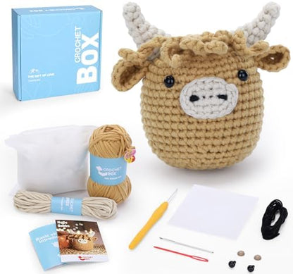 Crochet Kit for Beginners: Highland Cow Crochet Kit, Learn to Crochet, Include Easy Knitting Soft Yarn, Step-by-Step Video Tutorial, Hook, Holiday Birthday Gift for Adults and Teen(30%+ Yarn) by CROCHETBOX