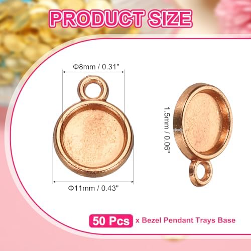uxcell 50Pcs Round Blank Pendant Trays with Loop 8mm Rose Gold - Image 2