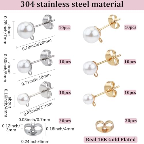 1 Box 120Pcs Pearl Earring Posts Stainless Steel Earring Findings Gold Silver Hypoallergenic Ear Post with Imitation Pearl Loop Butterfly Back Ear Studs for Jewelry Making DIY Crafts Women - Image 2