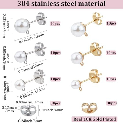 1 Box 120Pcs Pearl Earring Posts Stainless Steel Earring Findings Gold Silver Hypoallergenic Ear Post with Imitation Pearl Loop Butterfly Back Ear Studs for Jewelry Making DIY Crafts Women - Image 2