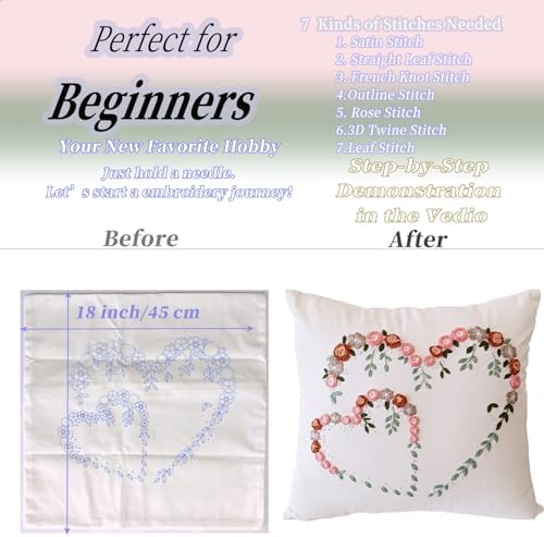FONNUY Crewel Pillow Case Embroidery Kit, Heart Shaped Loving You Floral Stamped Pattern Kits for Audlt Beginners, Works Crafts Throw Pillow Cover Great Gift for Loved Ones, 18 x 18'' (Beige) - Image 4