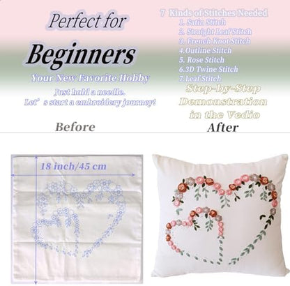 FONNUY Crewel Pillow Case Embroidery Kit, Heart Shaped Loving You Floral Stamped Pattern Kits for Audlt Beginners, Works Crafts Throw Pillow Cover Great Gift for Loved Ones, 18 x 18'' (Beige) - Image 4