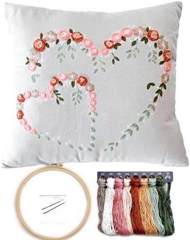 FONNUY Crewel Pillow Case Embroidery Kit, Heart Shaped Loving You Floral Stamped Pattern Kits for Audlt Beginners, Works Crafts Throw Pillow Cover Great Gift for Loved Ones, 18 x 18'' (Light Grey) by FONNUY