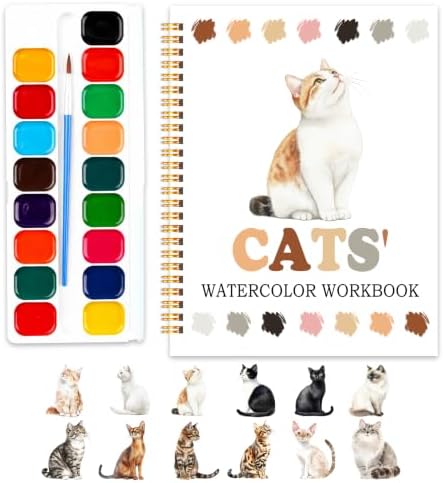 Easy Cat Watercolor Workbook for Beginners, Water Coloring Book, 18 Colors Watercolor Paint Set, 12 Patterns Watercolor Kit, Relaxing DIY Gift for Cat Lovers, Adults and Women Teen by SHLINCO