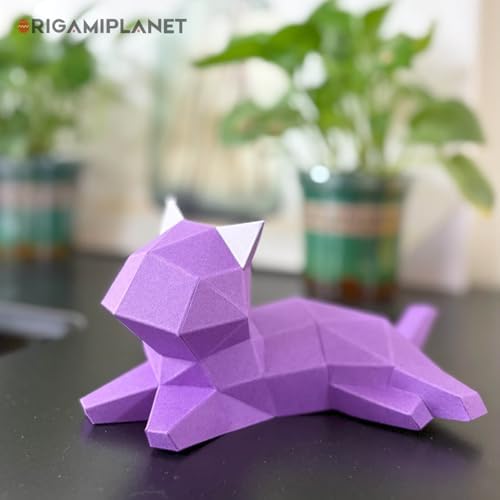 3D Origami Paper Craft Kit, Lounge Kitten Cute DIY Pre-Cut Animal Papercraft Model for Beginners, Fun Handmade Home Decoration Gift for Adults & Teens-Purple - Image 2