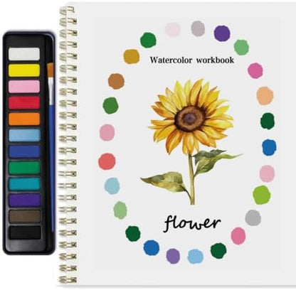 Watercolor Workbook for Adults & Beginners: 12 Colors Paint Set with Brush, Foldable Painting Kit for Flowers– Ideal Gift(Flowers) by Puasyto