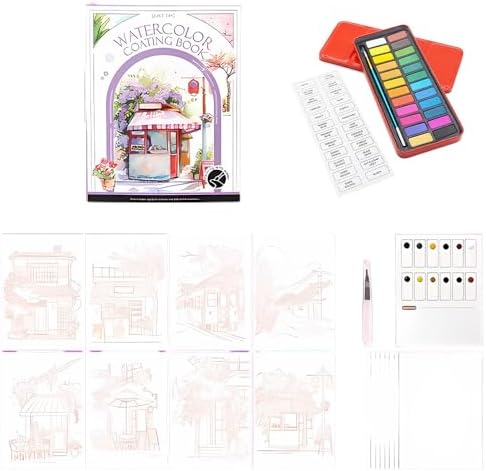 RGBMIX Watercolor Coloring Book for Adults Stress Relief Foldable Painting Pad with 24-Color Paint (Quiet Time) by Unknown