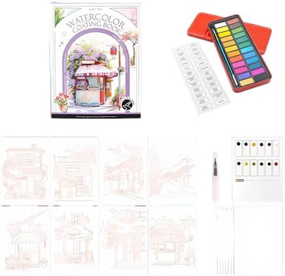 RGBMIX Watercolor Coloring Book for Adults Stress Relief Foldable Painting Pad with 24-Color Paint (Quiet Time) by Unknown