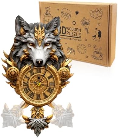 3D Puzzles for Adults Wooden Wolf Puzzle Clock Adult Crafts by Cutywood
