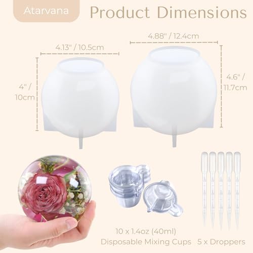 Atarvana 2 Pcs Large Sphere Resin Molds, 4.7'' & 4'' Ball Shape Silicone Molds w/ 5 Droppers & 10 Disposable Mixing Cups, Seamless Globe Epoxy Casting Mould for DIY Crafts Flower Keepsakes Home Decor - Image 3