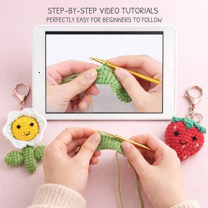 HOUSE CREATIVITY Crochet Keychain Kit for Beginners, Make 2 Strawberry & Sunflower Charms, Crochet Kits with Video Tutorial, Complete Set with Yarn, Hook & Keyring, Cozy Stress Relief Gift for Adults - Image 5