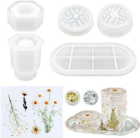 Woohome 3 PCS Large Grinder Resin Mould Tray Epoxy Casting Mould Silicone Jar Mould with Lid, Dried Flowers and Gold Foil Flakes for Herb Grind, Container Storage DIY Making Craft by Woohome